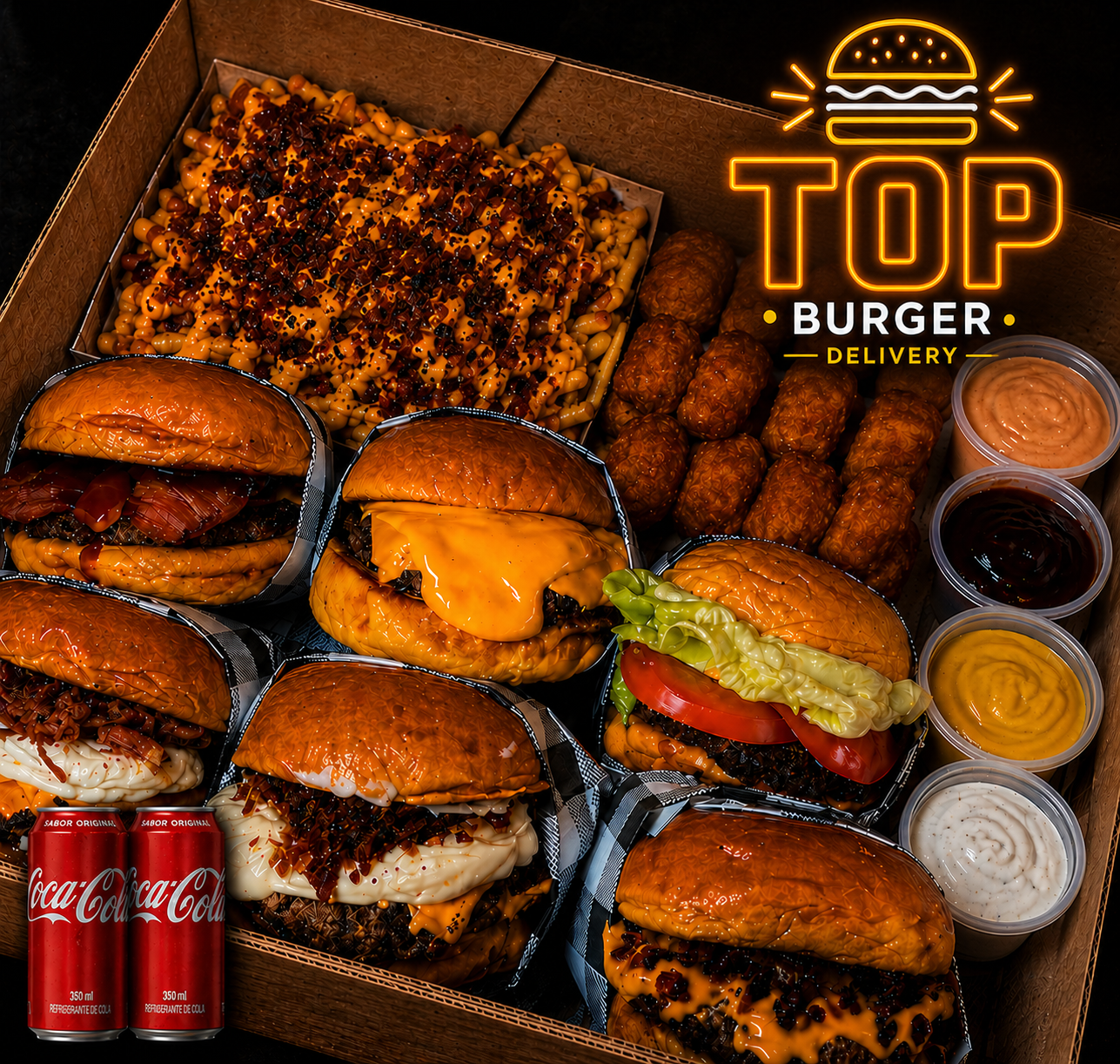 RODÍZIO EM CASA - 6x Hambúrgueres + 500g de Fritas + 500g Nuggets + 2X Coca-Cola 2L + 4 Molhos Especiais